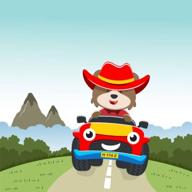Şirin tilki çizgi filmi güneşli bir günde şirin bir off-road arabası sürerken eğleniyor. Kumaş tekstil, çocuk odası duvar kâğıdı, kart, poster ve diğer dekorasyonlar için çocuksu bir geçmiş. Vektör illüstrasyonu.