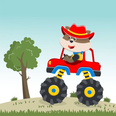 Vector illustration of monster truck with funny animal driver. Can be used for t-shirt print, kids wear fashion design, invitation card. fabric, textile, nursery wallpaper, poster and other decoration