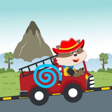 İtfaiye arabası komik itfaiyeci, vektör karikatürü, karikatür, vektör çizimi, kumaş, tekstil, çocuk odası duvar kağıdı, kart, poster ve diğer dekorasyonlar için yaratıcı vektör çocuksu arka plan