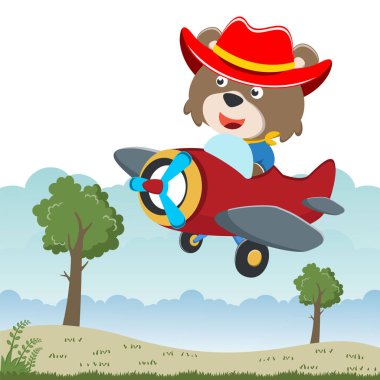 Uçakta uçan komik tilkinin vektör çizimi. Kumaş tekstil, çocuk odası duvar kâğıdı, kart, poster ve diğer dekorasyonlar için çocuksu bir geçmiş. Vektör illüstrasyonu.