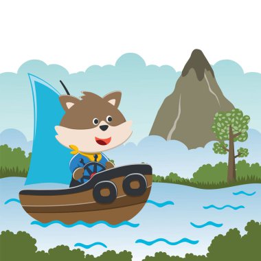 Çizgi film tarzında yelkenliyle yelkenli süren şirin tilkinin vektör çizimi. Tişört baskısı için, çocuklar moda tasarımı, kumaş tekstil, çocuk odası duvar kağıdı ve poster için kullanılabilir..