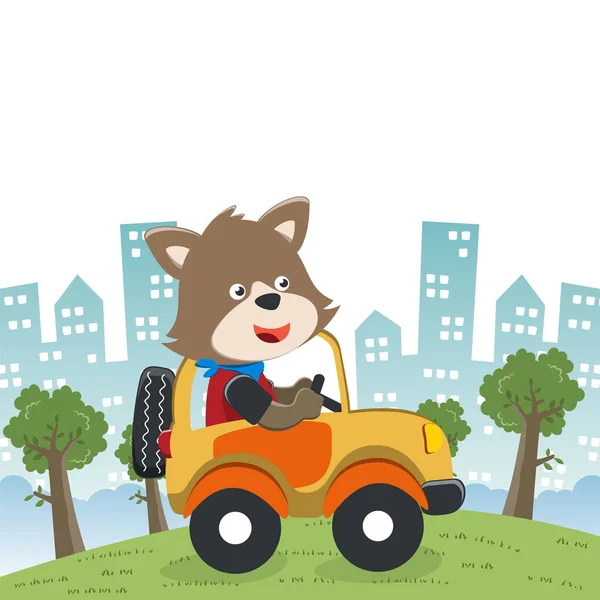 Araba süren şirin küçük tilki orman komik hayvan çizgi filmine gidiyor. Kumaş, tekstil, bebek odası duvar kâğıdı, poster, kart, broşür için yaratıcı çocuksu bir geçmiş. ve diğer dekorasyon.