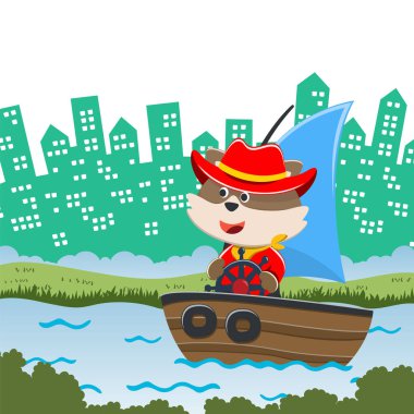 Çizgi film tarzında yelkenliyle yelkenli süren şirin tilkinin vektör çizimi. Tişört baskısı için, çocuklar moda tasarımı, kumaş tekstil, çocuk odası duvar kağıdı ve poster için kullanılabilir..