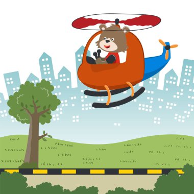 Helikopterdeki küçük sevimli bir kedinin çizgi film çizimi. Kumaş, tekstil, bebek odası duvar kâğıdı, poster, kart, broşür için yaratıcı çocuksu bir geçmiş. ve diğer dekorasyon.