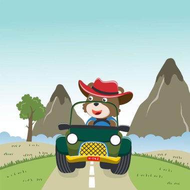 Bir off-road arabasındaki şirin tilki tasviri ormana gider, tişört baskısı, çocuk kıyafetleri, davetiye kartı için kullanılabilir. kumaş, tekstil, çocuk odası duvar kağıdı, poster ve diğer dekorasyonlar.