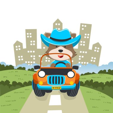 Bir off-road arabasındaki şirin tilki tasviri ormana gider, tişört baskısı, çocuk kıyafetleri, davetiye kartı için kullanılabilir. kumaş, tekstil, çocuk odası duvar kağıdı, poster ve diğer dekorasyonlar.