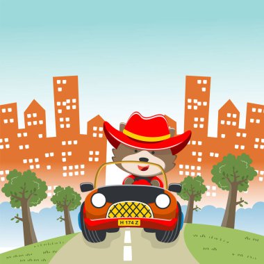 Bir off-road arabasındaki şirin tilki tasviri ormana gider, tişört baskısı, çocuk kıyafetleri, davetiye kartı için kullanılabilir. kumaş, tekstil, çocuk odası duvar kağıdı, poster ve diğer dekorasyonlar.