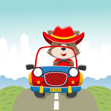 Bir off-road arabasındaki şirin tilki tasviri ormana gider, tişört baskısı, çocuk kıyafetleri, davetiye kartı için kullanılabilir. kumaş, tekstil, çocuk odası duvar kağıdı, poster ve diğer dekorasyonlar.