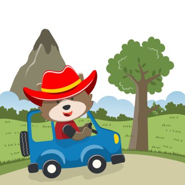 Tatlı kaplan araba kullanıyor. Ormandaki komik hayvan çizgi filmine gidiyor. Kumaş, tekstil, bebek odası duvar kâğıdı, poster, kart, broşür için yaratıcı çocuksu bir geçmiş. ve diğer dekorasyon.