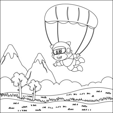 Çocuk aktivite kitabı ya da sayfa boyama için çizgi film stili çocuksu tasarımı olan küçük tilki ile gökyüzü dalışının vektör çizimi.