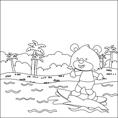 Yazın şirin küçük bir ayıyla sörf yapmanın temsili çizimi. Çocuklar için çocuksu tasarım aktivite boyama kitabı ya da sayfa.