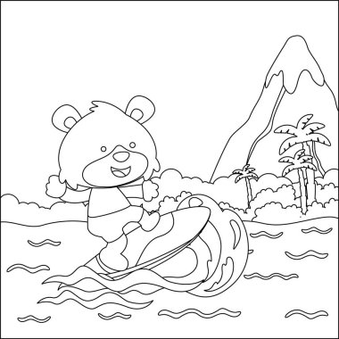 Yazın şirin küçük bir ayıyla sörf yapmanın temsili çizimi. Çocuklar için çocuksu tasarım aktivite boyama kitabı ya da sayfa.