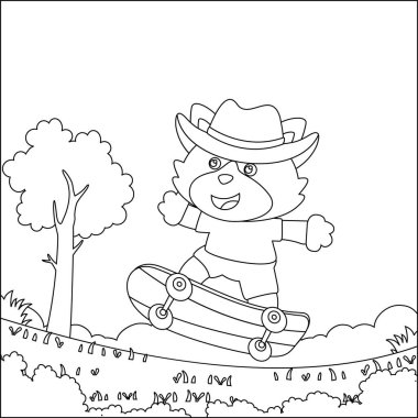 Kaykaydaki küçük şirin tilkinin vektör çizimi. Çizgi film izole vektör çizimi, çocuk aktivite kitabı veya sayfa boyama için yaratıcı vektör tasarımı.