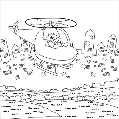Helikopterdeki şirin bir tilkinin yaratıcı çocukça tasviri. Çocuklar için çocuksu tasarım aktivite boyama kitabı ya da sayfa.