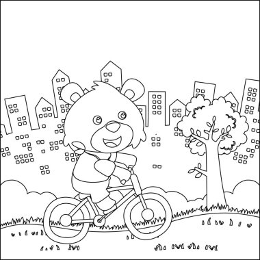 Bisiklete binen sevimli bir ayı. Çizgi Sanat Tasarımı El Çizimi Çizimi Yetişkinler ve Çocuklar Boyama Kitabı için Çizim Vektörü illüstrasyonuName.
