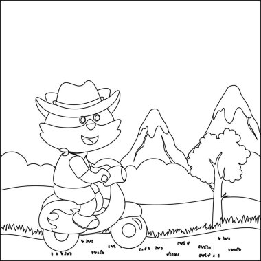 Scooter süren küçük şirin tilkinin vektör çizimi. Komik vektör çizimi. Çocuklar için çocuksu tasarım aktivite boyama kitabı ya da sayfa.