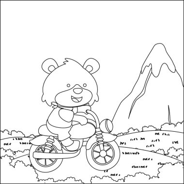Bisiklete binen sevimli bir ayı. Çizgi Sanat Tasarımı El Çizimi Çizimi Yetişkinler ve Çocuklar Boyama Kitabı için Çizim Vektörü illüstrasyonuName.