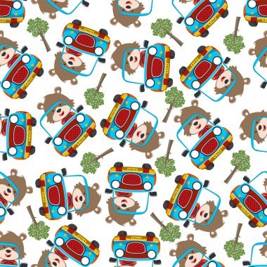 Şirin tilki çizgi filminin kusursuz desenli vektörü off-road arabasıyla ormana giderken eğleniyor. Kumaş tekstil için yaratıcı vektör çocuksu arka plan, bebek odası duvar kağıdı, poster. ve diğer dekorasyon.