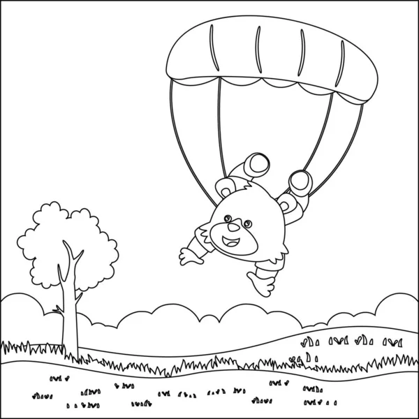 Çocuk aktivite kitabı ya da sayfa boyama için çizgi film stili çocuksu tasarımı olan küçük tilki ile gökyüzü dalışının vektör çizimi.