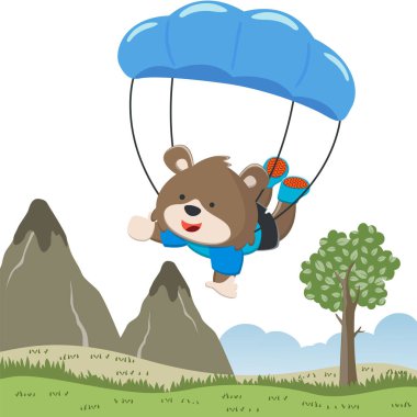 Vector illustration of a cute little fox flying with a parachute. with cartoon style. Creative vector childish background for fabric textile, nursery wallpaper, poster, card, vector illustration