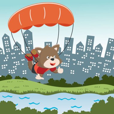 Paraşütle uçan şirin bir tilkinin vektör çizimi. Çizgi film tarzında. Kumaş tekstil, çocuk odası duvar kağıdı, poster, kart, vektör illüstrasyonu için yaratıcı vektör çocuksu arka plan