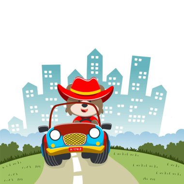 Bir off-road arabasındaki şirin tilki tasviri ormana gider, tişört baskısı, çocuk kıyafetleri, davetiye kartı için kullanılabilir. kumaş, tekstil, çocuk odası duvar kağıdı, poster ve diğer dekorasyonlar.