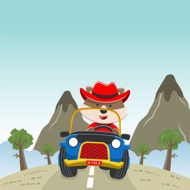 Bir off-road arabasındaki şirin tilki tasviri ormana gider, tişört baskısı, çocuk kıyafetleri, davetiye kartı için kullanılabilir. kumaş, tekstil, çocuk odası duvar kağıdı, poster ve diğer dekorasyonlar.