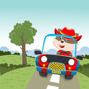 Bir off-road arabasındaki şirin tilki tasviri ormana gider, tişört baskısı, çocuk kıyafetleri, davetiye kartı için kullanılabilir. kumaş, tekstil, çocuk odası duvar kağıdı, poster ve diğer dekorasyonlar.