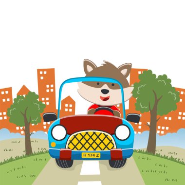 Bir off-road arabasındaki şirin tilki tasviri ormana gider, tişört baskısı, çocuk kıyafetleri, davetiye kartı için kullanılabilir. kumaş, tekstil, çocuk odası duvar kağıdı, poster ve diğer dekorasyonlar.