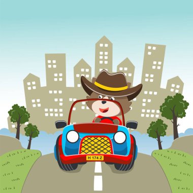 Bir off-road arabasındaki şirin tilki tasviri ormana gider, tişört baskısı, çocuk kıyafetleri, davetiye kartı için kullanılabilir. kumaş, tekstil, çocuk odası duvar kağıdı, poster ve diğer dekorasyonlar.