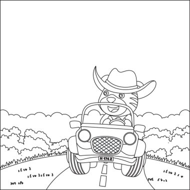 Küçük şirin tilki çizgi filmi güneşli bir günde off-road araba sürerken eğleniyor. Çizgi film izole vektör çizimi, çocuk aktivite kitabı veya sayfa boyama için yaratıcı vektör tasarımı.