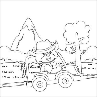 Araba süren sevimli küçük maymun orman komik hayvan çizgi filmine gidiyor, çizgi çizen el çizimi çizimi çizen çocuk grafikleri Yetişkin ve Çocuk Boyama Kitabı için çizim yapıyor..