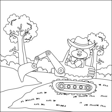Çocuk aktivite kitabı ya da sayfa boyama için sevimli hayvan yaratıcı vektör çocuk tasarımı ile ağır aracın vektör illüstrasyonu.