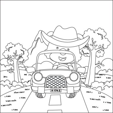 Küçük şirin tilki çizgi filmi güneşli bir günde off-road araba sürerken eğleniyor. Çizgi film izole vektör çizimi, çocuk aktivite kitabı veya sayfa boyama için yaratıcı vektör tasarımı.