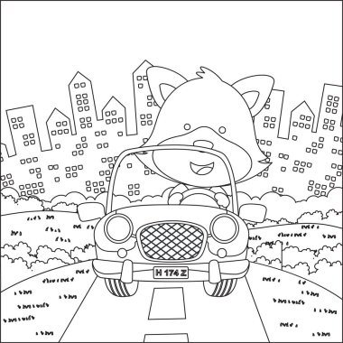 Küçük şirin tilki çizgi filmi güneşli bir günde off-road araba sürerken eğleniyor. Çizgi film izole vektör çizimi, çocuk aktivite kitabı veya sayfa boyama için yaratıcı vektör tasarımı.