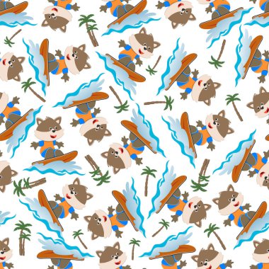 Yazın küçük şirin tilkiyle sörf yapmak. Kumaş tekstil, kreş, bebek kıyafetleri, arka plan, tekstil, ambalaj kağıdı ve diğer dekorasyonlar için kusursuz desen dokusu.