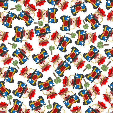 Şirin tilki çizgi filminin kusursuz desenli vektörü off-road arabasıyla ormana giderken eğleniyor. Kumaş tekstil için yaratıcı vektör çocuksu arka plan, bebek odası duvar kağıdı, poster. ve diğer dekorasyon.