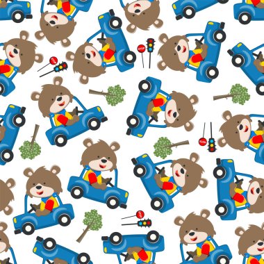 Araba süren şirin tilkinin kusursuz deseni orman komik hayvan çizgi filmine, vektör illüstrasyonuna gidiyor. Vektör çizimi. Çocuklar için T-Shirt Tasarımı. Çocuklar için tasarım ögeleri.