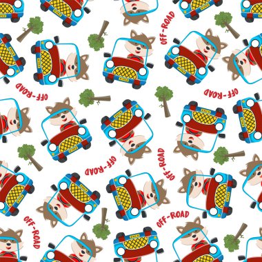 Şirin tilki çizgi filminin kusursuz desenli vektörü off-road arabasıyla ormana giderken eğleniyor. Kumaş tekstil için yaratıcı vektör çocuksu arka plan, bebek odası duvar kağıdı, poster. ve diğer dekorasyon.