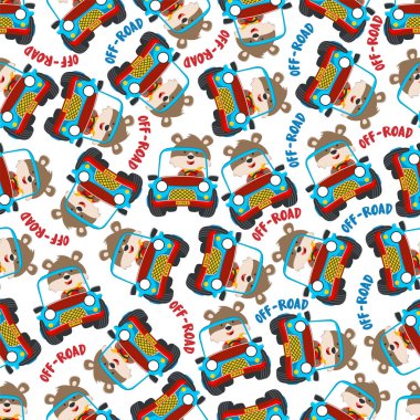 Seamless pattern vector of Cute fox cartoon having fun driving off road car go to forest. Creative vector childish background for fabric textile, nursery wallpaper, poster. and other decoration.
