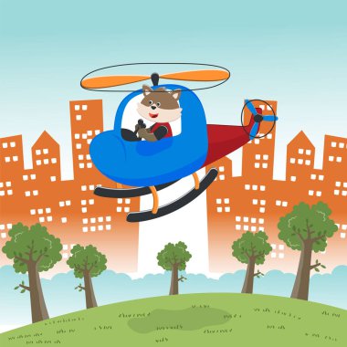 Helikopterdeki şirin küçük bir ayının çizgi film çizimi. Kumaş, tekstil, bebek odası duvar kâğıdı, poster, kart, broşür için yaratıcı çocuksu bir geçmiş. ve diğer dekorasyon.