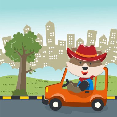 Tatlı kaplan araba kullanıyor. Ormandaki komik hayvan çizgi filmine gidiyor. Kumaş, tekstil, bebek odası duvar kâğıdı, poster, kart, broşür için yaratıcı çocuksu bir geçmiş. ve diğer dekorasyon.