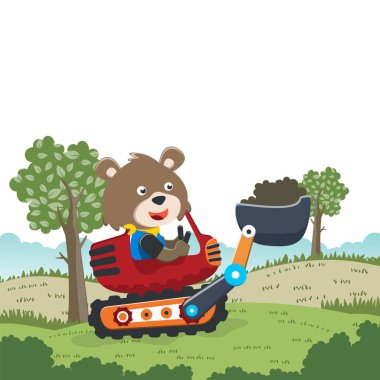 Vector illustration of cute fox riding contruction vehicle with cartoon style. Can be used for t-shirt print, kids wear, invitation card. fabric, textile, nursery wallpaper and other decoration.