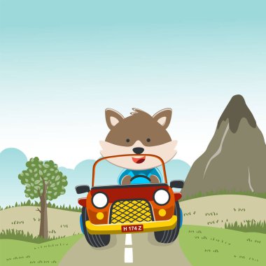 Çizgi film stili şirin tilki biniciliği aracının vektör çizimi. Tişört izi, çocuk giysisi, davetiye kartı için kullanılabilir. kumaş, tekstil, çocuk odası duvar kağıdı ve diğer dekorasyonlar.