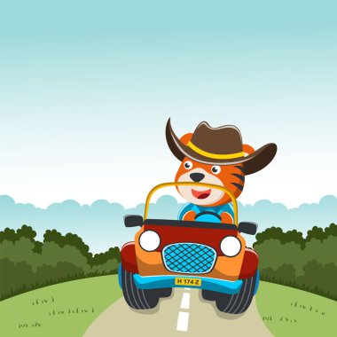 Çizgi film stili şirin tilki biniciliği aracının vektör çizimi. Tişört izi, çocuk giysisi, davetiye kartı için kullanılabilir. kumaş, tekstil, çocuk odası duvar kağıdı ve diğer dekorasyonlar.