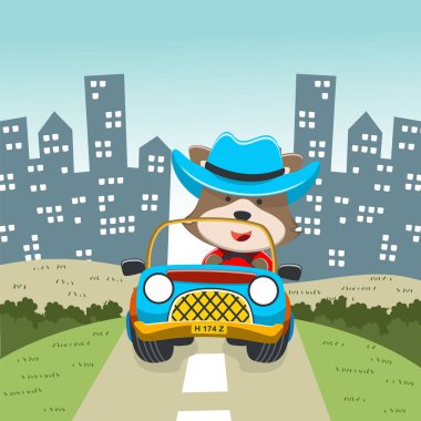 Çizgi film stili şirin tilki biniciliği aracının vektör çizimi. Tişört izi, çocuk giysisi, davetiye kartı için kullanılabilir. kumaş, tekstil, çocuk odası duvar kağıdı ve diğer dekorasyonlar.