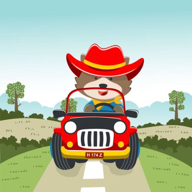 Çizgi film stili şirin tilki biniciliği aracının vektör çizimi. Tişört izi, çocuk giysisi, davetiye kartı için kullanılabilir. kumaş, tekstil, çocuk odası duvar kağıdı ve diğer dekorasyonlar.