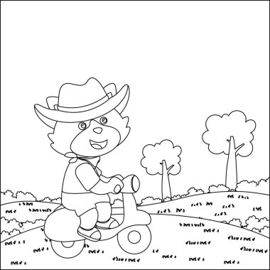 Scooter süren küçük şirin tilkinin vektör çizimi. Komik vektör çizimi. Çocuklar için çocuksu tasarım aktivite boyama kitabı ya da sayfa.