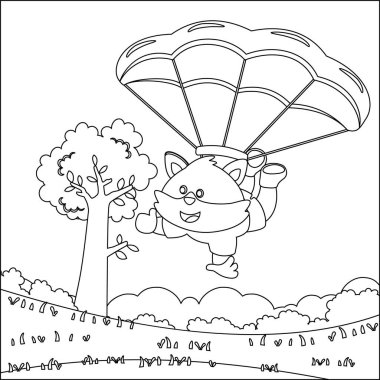 Çocuk aktivite kitabı ya da sayfa boyama için çizgi film stili çocuksu tasarımı olan küçük tilki ile gökyüzü dalışının vektör çizimi.