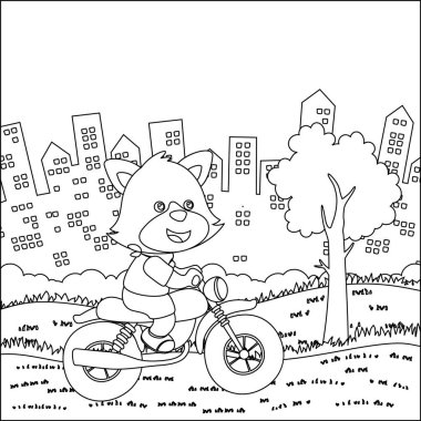 Çizgi Sanat Tasarımı, Çizgi El Çizimi, Yetişkinler ve Çocukların Boyama Kitabı için Çizim Vektörü illüstrasyonuyla motosiklet süren sevimli, küçük bir ayının vektör çizimi.